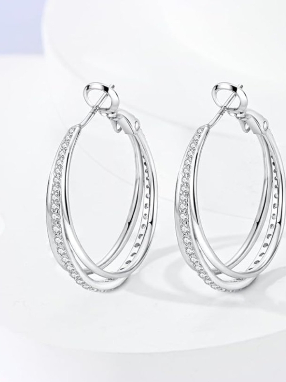 .925 Silver Triple-Row Hoop Earrings with Pavé Accents